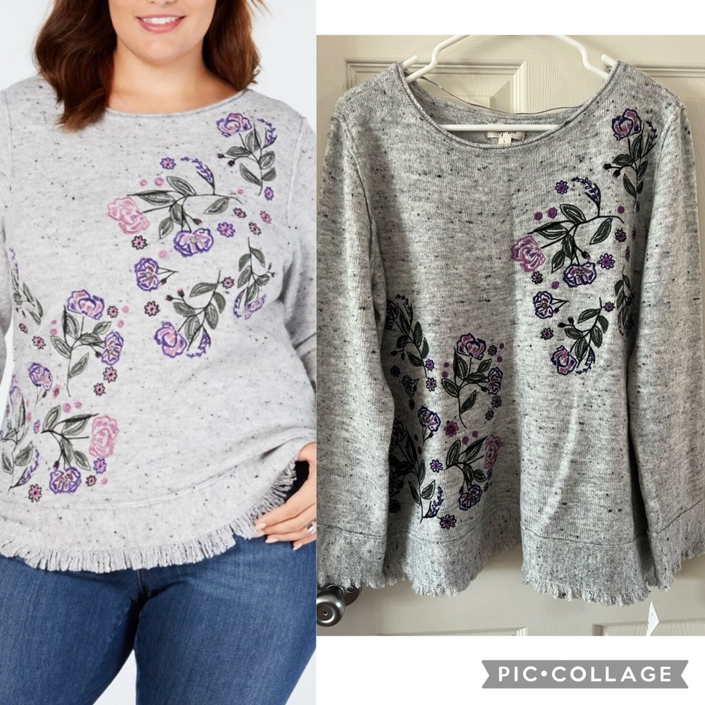 Style & Co  Embroidered Fringed Sweater Heathered Gray Size Large